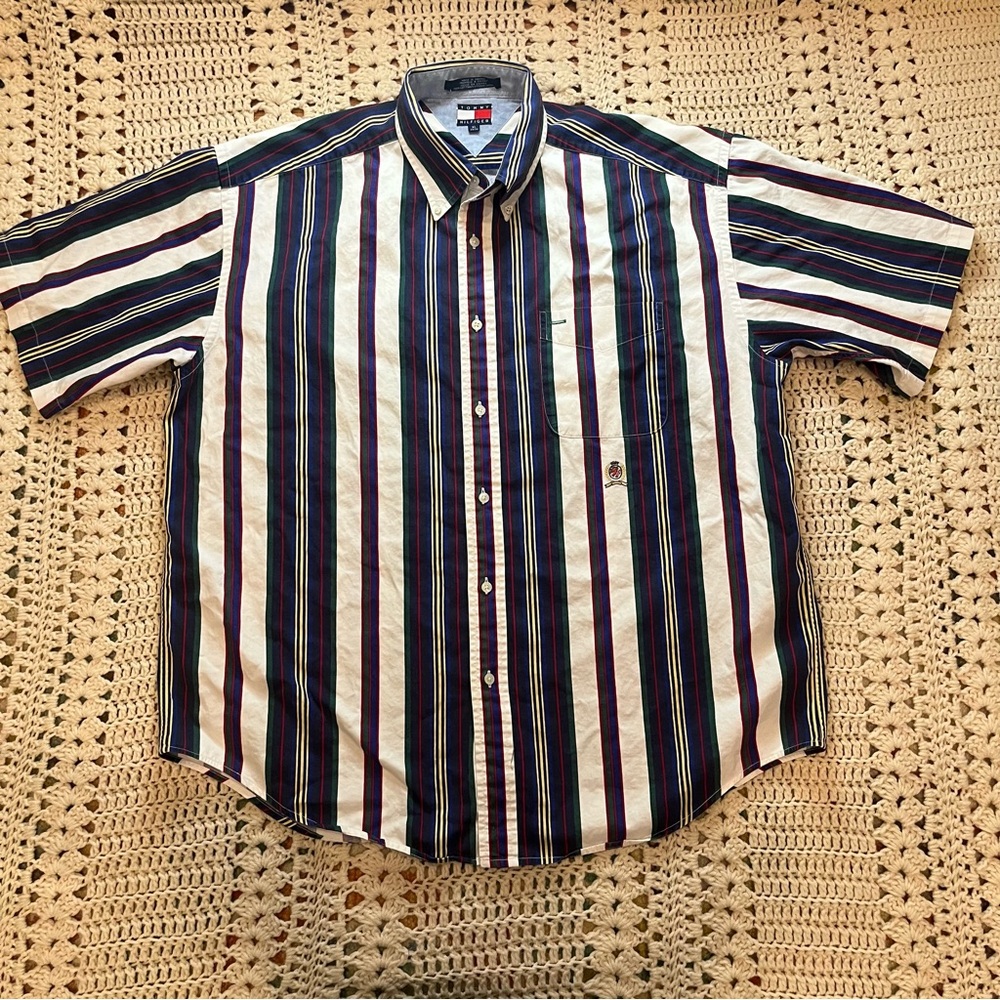 Tommy Hilfiger Navy/Red/Yellow/White Striped Button Down Short Sleeve Shirt - XL